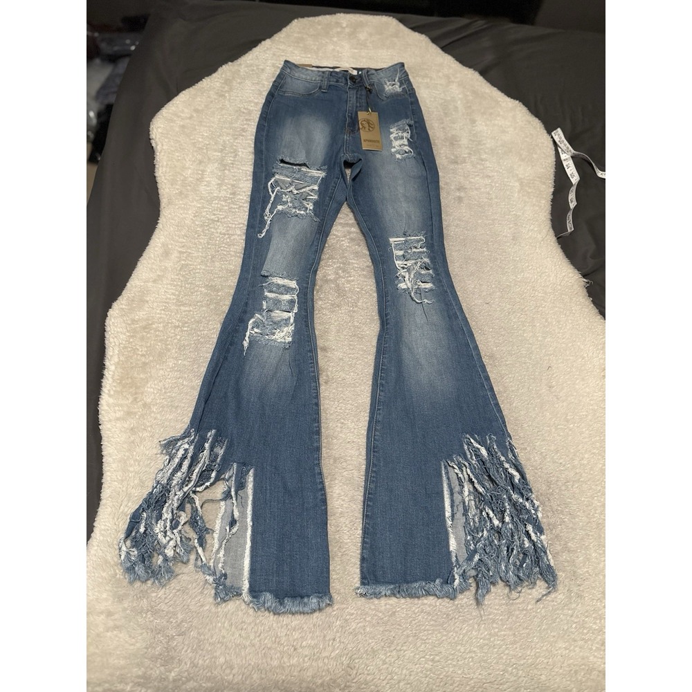 Aphrodite Women's Blue Distressed Flared Denim Jeans Size 3 26 Pants Y2K Grunge